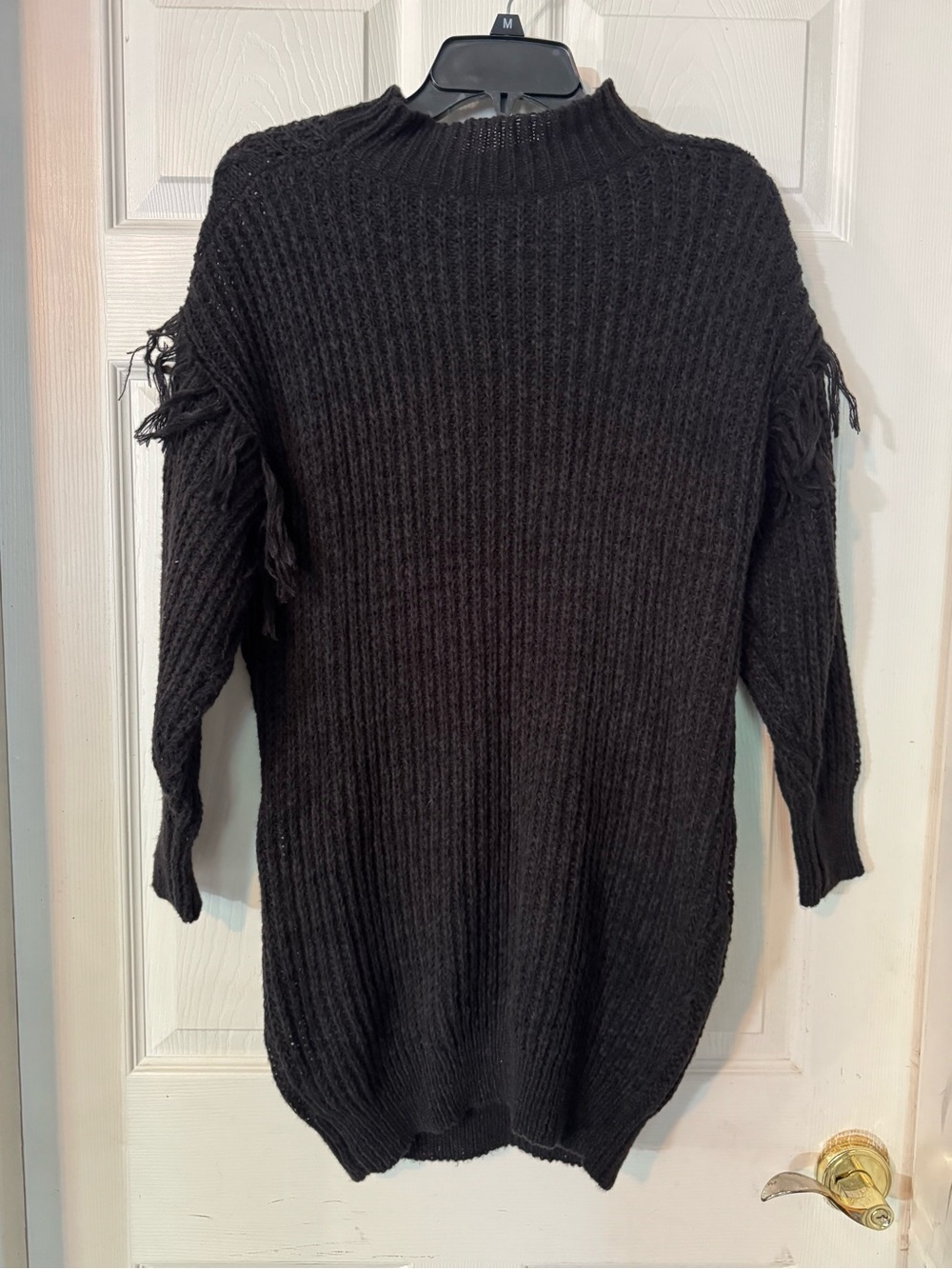 SHEIN Black Ribbed Fringe Sleeve Turtleneck Sweater
